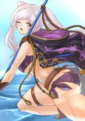 1girl ass belt bikini blush breasts brown_gloves butt_crack deekei female_robin_(fire_emblem) female_robin_(seaside_tactician)_(fire_emblem) fire_emblem fire_emblem_awakening fire_emblem_heroes fishing_net gloves grey_hair highres jewelry large_breasts long_hair looking_at_viewer medium_breasts nintendo o-ring o-ring_bikini official_alternate_costume one_eye_closed open_mouth polearm purple_bikini purple_eyes robe sideboob skindentation smile solo swimsuit thighs trident twintails underboob weapon