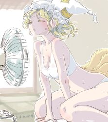 1girl artist_name blonde_hair bra breasts cleavage closed_eyes commentary_request electric_fan fox_tail hat hot medium_breasts mob_cap multiple_tails panties s-a-murai short_hair sitting solo sports_bra sweat tail touhou underwear underwear_only wariza white_bra white_panties yakumo_ran