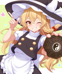 1girl apron black_hat black_skirt black_vest blonde_hair bow braid commentary_request cowboy_shot grin hair_between_eyes hair_bow hat hat_bow highres holding kirisame_marisa kisaragi_koushi long_hair looking_at_viewer mini-hakkero one_eye_closed puffy_short_sleeves puffy_sleeves red_bow shirt short_sleeves side_braid single_braid skirt smile solo star_(symbol) touhou trigram very_long_hair vest waist_apron white_apron white_bow white_shirt witch_hat yellow_background yin_yang