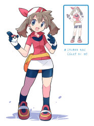 Rule 34 | bandana, black gloves, black shorts, blue eyes, brown hair, full body, gloves, highres, holding, holding poke ball, jacket, long hair, may (pokemon), miniskirt, nintendo, official art inset, open mouth, poke ball, poke ball (basic), pokemon, pokemon rse, rascal (feuille), red bandana, red jacket, shorts, skirt, smile, white skirt