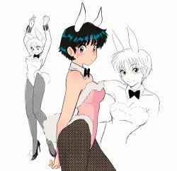 1girl animal_ears arms_behind_back arms_up black_bow black_bowtie black_hair bow bowtie brown_eyes collarbone commentary detached_collar fake_animal_ears fake_tail fishnet_pantyhose fishnets fur-trimmed_leotard fur_trim high_heels highres isabel_(chabeescalante) leotard looking_at_viewer multiple_views nontraditional_playboy_bunny pantyhose partially_colored pink_leotard rabbit_ears rabbit_tail ranma_1/2 short_hair simple_background smile solo spanish_commentary standing strapless strapless_leotard tail tendou_akane wrist_cuffs