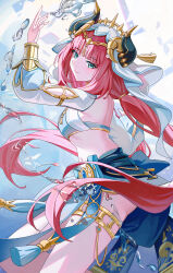1girl absurdres aqua_eyes blue_gemstone blue_skirt circle closed_mouth commentary crop_top fake_horns gem genshin_impact gold_trim hand_up highres horns hydrokinesis jewelry long_hair looking_at_viewer navel nilou_(genshin_impact) red_hair skirt smile solo stomach thighlet veil very_long_hair water water_drop white_veil wuzhihuijia