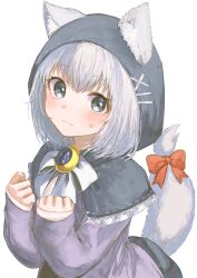1girl :| absurdres animal_ear_fluff animal_ears artist_name black_capelet blue_eyes blush bow bowtie capelet clenched_hands closed_mouth commentary_request dress fang frilled_capelet frills grey_dress highres hood long_sleeves looking_at_viewer nervous original partial_commentary red_bow redrawn short_hair simple_background solo sweatdrop tail tail_bow tail_ornament upper_body white_background white_bow white_bowtie white_hair wolf wolf_ears wolf_girl yuxi