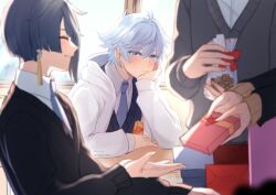 2boys 2others black_sweater black_sweater_vest blue_eyes blue_hair blue_necktie box chongyun_(genshin_impact) chongyun_(gigo)_(genshin_impact) closed_eyes earrings genshin_impact gift gift_box hair_between_eyes holding holding_box hood hooded_jacket jacket jewelry male_focus mikanchii multiple_boys multiple_others necktie school_uniform short_hair sweater sweater_vest tassel tassel_earrings white_hood white_jacket xingqiu_(genshin_impact) xingqiu_(gigo)_(genshin_impact)
