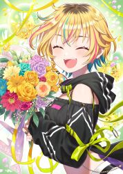 1girl bare_shoulders blonde_hair colored_inner_hair green_ribbon highres idolmaster idolmaster_va-liv letora_(idolmaster) multicolored_hair narrow_waist official_art petals ribbon roots_(hair) short_hair smile