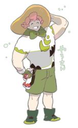 Rule 34 | 1boy, bakushi (smys2017), closed eyes, commentary request, grin, hat, male focus, milo (pokemon), nintendo, pink hair, poke ball, pokemon, pokemon swsh, shirt, short hair, shorts, smile, solo, standing, sun hat, translation request, white background, white shirt