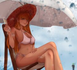 1boy 1girl arwan23 beach beach_chair bikini blurry blurry_background blurry_foreground breasts cleavage cove_holden crossed_legs cup dark-skinned_female dark_skin day drink drinking_glass elizabeth_last hair_over_shoulder hand_on_leg hat holding holding_drink long_hair midriff nude orange_eyes orange_hair our_life:_beginnings_and_always outdoors sea_spray smile solo standing sun_hat swimsuit tan umbrella upper_body very_long_hair water_drop wine_glass