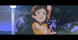 1girl :d anime_coloring armpit_peek bad_id bad_pixiv_id blush brown_eyes brown_hair female_focus highres idolmaster idolmaster_million_live! kitazawa_shiho la_la_land lamppost lens_flare letterboxed long_hair night open_mouth parody red10 smile solo tree upper_body