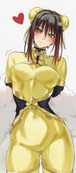 1girl absurdres black_hair blush bodysuit breasts bun_cover covered_navel double_bun fate/grand_order fate_(series) green_eyes green_ribbon hair_bun highres kamisato_sora large_breasts looking_at_viewer medium_hair qin_liangyu_(fate) ribbon smile solo
