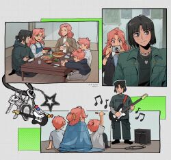 2boys 3girls ^_^ absurdres age_difference ahoge amplifier arm_up artist_name audio_cable beamed_eighth_notes black_eyes black_hair black_hoodie black_jacket black_pants black_socks blue_dress blush bowl breast_pocket brother_and_sister brothers brown_jacket cable camera carabiner cargo_pants chabudai_(table) charm_(object) chopsticks closed_eyes commentary cup dated dress eating eighth_note electric_guitar english_commentary family from_behind full_body grey_eyes grey_sweater grid_background guitar guitar_strap hair_bun hair_ornament hair_scrunchie halftone hanten_(clothes) highres holding holding_bowl holding_camera holding_chopsticks hood hood_down hoodie indoors instrument jacket jewelry key kininatteru_hito_ga_otoko_ja_nakatta koga_mitsuki layered_sleeves light_smile long_hair long_sleeves looking_at_another miso_soup mother_and_daughter mother_and_son multiple_boys multiple_girls multiple_views musical_note necklace no_strings omnlet oosawa_aiko oosawa_aki oosawa_amu oosawa_aya pants parted_bangs pinafore_dress pink_hair plate playing_guitar pocket poster_(object) scrunchie seiza shirt short_hair short_over_long_sleeves short_sleeves siblings single_hair_bun sitting sleeveless sleeveless_dress socks standing sweater table taking_picture the_beatles tomboy topknot upper_body white_shirt wooden_floor yamaha_pacifica