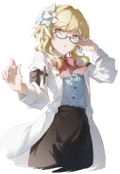 Rule 34 | :o, absurdres, adjusting eyewear, arm pouch, black-framed eyewear, blonde hair, blue shirt, bow, bowtie, commentary request, cowboy shot, fingernails, flower, genshin impact, glasses, hair flower, hair ornament, hand up, haru same322, highres, lab coat, looking at viewer, lumine (genshin impact), lumine (marechaussee hunter) (genshin impact), official alternate costume, red bow, red bowtie, semi-rimless eyewear, shirt, short hair with long locks, simple background, white background, yellow eyes