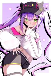 1girl absurdres black_choker black_hat black_shorts black_tank_top choker demon_tail fake_horns green_eyes hand_up hat heart highres hololive horned_headwear horns jacket long_hair multicolored_nails navel onji_(oma2_4649) purple_eyes shorts smile tail tank_top thigh_strap tokoyami_towa twintails v v_over_mouth virtual_youtuber white_jacket