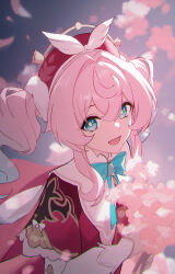 1girl absurdres aqua_bow aqua_bowtie aqua_eyes aqua_hair bow bowtie dress falling_petals flower gradient_hair hat highres holding holding_flower honkai:_star_rail honkai_(series) hyacine_(honkai:_star_rail) long_hair long_sleeves looking_at_viewer multicolored_hair open_mouth petals pink_hair red_dress red_hat shali smile solo twintails two-tone_hair upper_body