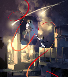 10s 1boy 1girl artist_name balcony black_hair black_socks brown_footwear city cloud comet commentary fading ghost hair_ribbon highres kimi_no_na_wa. kneehighs miyamizu_mitsuha moryapanima necktie night outstretched_arm outstretched_hand reaching reaching_towards_viewer red_ribbon ribbon shoes short_sleeves sky socks spoilers star_(sky) starry_sky tachibana_taki