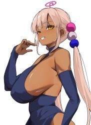 1girl absurdres alternate_costume armpit_crease bare_shoulders blonde_hair blue_bridal_gauntlets blue_dress blunt_bangs blush breasts bridal_gauntlets brown_eyes commentary dark-skinned_female dark_skin dress from_side hair_ornament halter_dress halterneck hand_up highres hololive hololive_english huge_breasts impossible_clothes impossible_dress koizumi_arata limiter_(tsukumo_sana) lips long_hair looking_ahead planet_hair_ornament sideboob sidelocks simple_background smile solo teeth tsukumo_sana twintails upper_body virtual_youtuber white_background