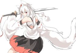 1girl animal_ear_fluff animal_ears bad_tag black_skirt black_undershirt chest_sarashi closed_mouth commentary detached_sleeves double-parted_bangs floating_clothes from_side hair_between_eyes hat holding holding_sword holding_weapon houkai_(collapse_illust) inubashiri_momiji long_sleeves looking_at_viewer medium_hair red_eyes red_hat red_ribbon red_skirt ribbon ribbon-trimmed_sleeves ribbon_trim sarashi shirt simple_background skirt smile solo split_mouth sword tail tokin_hat touhou two-tone_skirt upper_body very_long_tail weapon white_background white_hair white_shirt wide_sleeves wolf_ears wolf_girl wolf_tail
