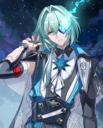 1boy anaxa_(honkai:_star_rail) aqua_coat aqua_eyes aqua_hair ascot black_capelet black_corset black_pants blue_vest brooch capelet coat commentary_request corset eye_trail gold_trim hair_between_eyes hair_intakes hair_over_one_eye hair_over_shoulder highres honkai:_star_rail honkai_(series) jewelry light_trail long_hair long_sleeves looking_at_viewer low_ponytail male_focus multicolored_eyes multiple_rings night night_sky pants parted_lips ponytail purple_eyes ring shirt sky sleeveless sleeveless_shirt solo tanemaki_monaka twitter_username two-tone_eyes upper_body vest white_ascot white_shirt