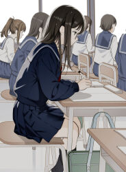6+girls ankle_socks brown_eyes brown_hair classroom glasses highres long_hair moonsorrow multiple_girls on_chair original pleated_skirt ponytail sailor sailor_collar school school_uniform serafuku sitting skirt slice_of_life socks sweater very_long_hair