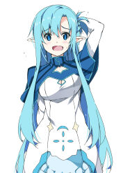1girl :d arm_up asuna_(sao) asuna_(sao-alo) blue_eyes blue_hair blush breasts dress elf highres large_breasts long_hair looking_at_viewer open_mouth pale_skin pointy_ears shikei smile solo sword_art_online very_long_hair white_dress
