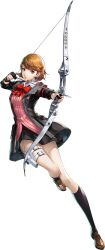 1girl aiming archery archery_shooting_glove armband arrow_(projectile) belt_buckle black_gloves black_jacket black_skirt black_socks bow bow_(weapon) bowtie brown_eyes brown_hair brown_shoes buckle cardigan choker collared_shirt earrings evoker fighting_stance flipped_hair foot_up full_body gekkoukan_high_school_uniform gloves heart heart_choker highres holding holding_bow_(weapon) holding_weapon holster jacket jewelry kneehighs legs lips long_sleeves looking_at_viewer loose_bowtie miniskirt non-web_source official_art open_clothes open_jacket parted_lips partially_fingerless_gloves persona persona_3 persona_3_reload persona_5 persona_5:_the_phantom_x pink_cardigan pink_lips pleated_skirt quiver red_armband red_bow red_bowtie ribbed_cardigan s.e.e.s school_uniform shirt shoes short_hair simple_background single_glove skirt socks solo standing standing_on_one_leg stud_earrings swept_bangs takeba_yukari thigh_holster thighs transparent_background weapon white_choker white_shirt