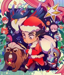 Rule 34 | 3boys, 3girls, alternate costume, atticus (pokemon), black eyes, boots, box, bright pupils, candy, candy cane, christmas, closed mouth, commentary request, eri (pokemon), food, gen 4 pokemon, gen 5 pokemon, giacomo (pokemon), gift, gift box, gingerbread man, gloves, hat, highres, holding, holding sack, honchkrow, jacket, korean commentary, legs apart, looking down, mabosstiff, mela (pokemon), multiple boys, multiple girls, nintendo, ortega (pokemon), pants, pawniard, pencil behind ear, penny (pokemon), pokemon, pokemon (creature), pokemon sv, red gloves, red hat, red jacket, red pants, ribbon, sack, santa costume, santa hat, selyg15, team star, white pupils