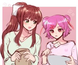2girls baking bob_cut bow bowl brown_hair collarbone doki_doki_literature_club green_eyes green_shirt hair_ornament hair_ribbon hairclip holding holding_bowl holding_spatula jewelry kuhi_0301 long_hair looking_at_another looking_at_object monika_(doki_doki_literature_club) multiple_girls natsuki_(doki_doki_literature_club) necklace open_mouth pink_background pink_eyes pink_hair pink_shirt ponytail red_ribbon ribbon shirt short_hair spatula teeth upper_body upper_teeth_only white_bow