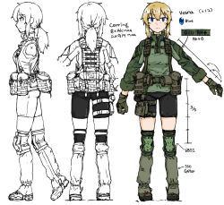 1girl bike_shorts black_shorts blonde_hair blue_eyes camouflage camouflage_jacket character_name dutchko english_text full_body gloves green_gloves green_jacket holstered jacket knee_pads load_bearing_vest long_hair long_sleeves military_combat_uniform military_uniform multiple_views original ponytail reference_sheet shoes shorts sidelocks simple_background typo vesna_(dutchko) white_background
