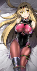 1girl arms_behind_back bare_shoulders bdsm black_leotard blonde_hair bondage bound bound_arms bound_legs breasts brown_pantyhose chain dated detached_sleeves female_focus from_above hair_between_eyes head_tilt highres large_breasts leotard light_particles long_hair looking_at_viewer lying on_back open_mouth pantyhose shade sheita shibari shibari_over_clothes shiny_clothes signature smile soccer_spirits solo thigh_gap tiara uranus_(soccer_spirits) very_long_hair yellow_eyes