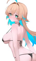 +_+ 1girl absurdres ahoge android ass back bare_shoulders bikini black_bikini blonde_hair blue_eyes blue_hair blush breasts closed_mouth from_behind hair_between_eyes hair_intakes highres long_hair looking_at_viewer looking_back multicolored_hair ralmia_(shadowverse) ritaiya shadowverse sideboob simple_background solo standing star-shaped_pupils star_(symbol) sweat swimsuit symbol-shaped_pupils two-tone_hair upper_body white_background