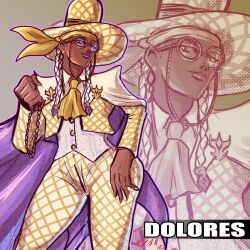 1girl ass braid braided_ponytail curvy dark-skinned_female dark_skin dolores_(kof) female_focus formal_clothes glasses gold hat huge_ass jewelry long_hair long_sleeves multicolored_hair pants purple_hair round_eyewear smile smiley_face standing suit taurence_bell the_king_of_fighters thick_lips thick_thighs thighs two-tone_hair white_hair wide_hips