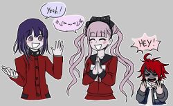 1girl 2boys ahoge black_bow black_hair black_hairband black_headband blush bow brother_and_sister closed_eyes emoticon english_text grey_background hair_bow hairband headband messy_hair multicolored_hair multiple_boys open_mouth pink_eyes purple_hair red_hair siblings simple_background smile speech_bubble sumino_takumi the_hundred_line_-last_defense_academy- tsukumo_ima tsukumo_kako twins twintails upper_body