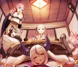 5girls :&lt; :d :q ^_^ animal_ears bell blonde_hair bowl ceiling_light chopsticks clock closed_eyes closed_mouth commentary_request demon_horns drill_hair drooling fang flower grey_hair hair_bell hair_bun hair_flower hair_ornament hakui_koyori highres hololive holox horns hug indoors japanese_clothes jingle_bell kazama_iroha kimono kotatsu la+_darknesss licking_lips long_hair lying multicolored_hair multiple_girls on_stomach open_mouth parted_lips pink_hair pot purple_hair sakamata_chloe sakamata_chloe_(new_year) saliva single_hair_bun sitting smile standing streaked_hair sue_(bg-bros) table takane_lui takane_lui_(new_year) tongue tongue_out triangle_mouth twintails under_kotatsu under_table very_long_hair virtual_youtuber white_hair