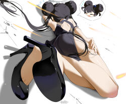 1girl ass black_dress black_hair black_shoes blue_archive crossed_ankles double_bun dress flying_sweatdrops from_behind full_body hair_bun helic_(7317helic) high_heels highres kisaki_(blue_archive) long_hair lying on_side shoes solo twintails very_long_hair