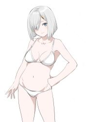 Rule 34 | 1girl, 30-06, bikini, blue eyes, breasts, collarbone, cowboy shot, grey hair, hair ornament, hair over one eye, hairclip, hamakaze (kancolle), hand on own hip, highres, kantai collection, looking at viewer, medium breasts, short hair, simple background, smile, solo, swimsuit, white background, white bikini