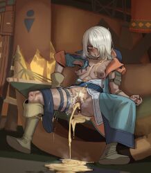 Rule 34 | 1boy, 1girl, absurdres, after anal, after vaginal, aftersex, anal hair, armpits, blurry, blurry foreground, blush, boots, bowlegged pose, breasts, coat, commentary, cum, cum in ass, cum in pussy, cum on body, cum on breasts, cum on upper body, cum pool, cumdrip, cumdump, dark-skinned female, dark skin, ebonyxh, english commentary, eyes visible through hair, female ejaculation, female pubic hair, freckles, hair over one eye, hetero, highres, human toilet, medium hair, monster hunter (series), monster hunter wilds, nipples, open mouth, original, peeing, pointy breasts, pubic hair, public use, pussy, pussy juice, ringed eyes, rolling eyes, scar, scar on neck, short hair, sitting, small breasts, solaria (ebonyxh), solo, spread legs, steaming body, sweat, restroom symbol, uncensored, very sweaty, white hair, white pubic hair, yellow eyes