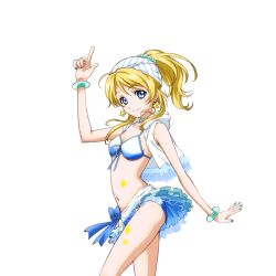 Rule 34 | 1girl, anime coloring, ayase eli, bikini, bikini skirt, blonde hair, blue bikini, blue eyes, blue nails, blue ribbon, blush, bracelet, breasts, character name, closed mouth, collarbone, cowboy shot, earrings, finger gun, frilled jacket, frills, front-tie bikini top, front-tie top, hand up, headscarf, hood, hooded jacket, index finger raised, jacket, jewelry, layered skirt, long hair, looking at viewer, love live!, love live! school idol festival, love live! school idol project, nail polish, natsuiro egao de 1 2 jump!, navel, necklace, official art, pearl necklace, ponytail, ribbon, see-through frills, skirt, smile, solo, star (symbol), star earrings, striped bikini, striped clothes, striped headscarf, swimsuit, transparent background, white headscarf, white jacket