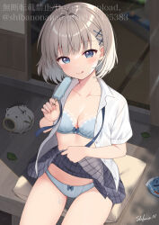 Rule 34 | 1girl, blue bra, blue eyes, blue panties, blush, bra, breasts, clothes lift, grey hair, grey skirt, hair ornament, indoors, lifting own clothes, looking at viewer, medium breasts, medium hair, open clothes, open mouth, original, panties, plaid clothes, plaid skirt, pleated skirt, school uniform, shirt, short sleeves, sitting, skirt, skirt lift, smile, solo, tongue, tongue out, underwear, uramakaron, white shirt, x hair ornament