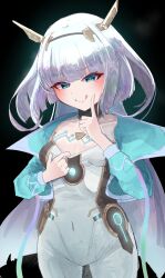 1girl absurdres black_background blue_jacket blunt_ends bodysuit clothes_tug covered_navel cowboy_shot eudie_(shadowverse) hand_on_own_cheek hand_on_own_face highres jacket kagenousui_434 licking_lips long_hair looking_at_viewer open_clothes open_jacket shadowverse:_worlds_beyond simple_background solo tongue tongue_out very_long_hair white_bodysuit white_hair