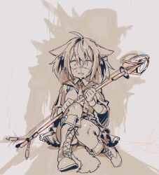 1girl 1other against_wall ahoge animal_ears arknights boots brown_theme collared_shirt constricted_pupils crying crying_with_eyes_open ears_down fox_ears fox_girl fox_tail frown gloves grimace highres holding holding_microphone_stand horrified knee_boots knee_up looking_at_viewer microphone_stand monochrome mutomorokoshi necktie on_floor out_of_frame possessed_soldier_(arknights) pov_shadow shirt short_hair short_sleeves short_twintails sitting skirt snot solo_focus sora_(arknights) tail tears twintails two-handed two_side_up wide-eyed