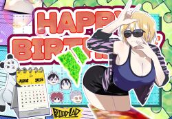 1girl adjusting_eyewear animal_print bare_shoulders bell_hydra bent_over black_hair black_skirt blonde_hair blood_lad blue_camisole blue_eyes blue_shirt blue_tank_top breasts camisole ciastuysha cleavage closed_mouth collarbone copyright_name cowboy_shot english_text glasses grey_hair hair_between_eyes happy_birthday huge_breasts jacket large_breasts leaning_forward looking_at_viewer mahjong mahjong_tile mamejiro miniskirt multiple_boys multiple_girls off_shoulder open_clothes open_jacket outline panda pencil_skirt purple_jacket purple_shirt red_eyes red_hair shirt short_hair shorts skirt smile solo solo_focus standing stuffed_toy sunglasses tank_top thighs vlad_charlie_staz vlad_t._liz white_outline wolf_(blood_lad) yanagi_fuyumi yellow_eyes