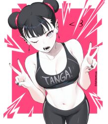 1girl absurdres black_hair breasts crop_top demon double_bun earrings fangs hair_bun highres jewelry kuronami616 looking_at_viewer mole mole_under_eye navel one_eye_closed open_mouth original pants pointy_ears simple_background solo tagalog_text v