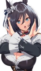 1girl absurdres animal_ears black_dress black_hair blue_eyes blush breasts choker cleavage dress eishin_flash_(umamusume) frilled_sleeves frills hair_between_eyes highres horse_ears huge_breasts kloah looking_at_viewer open_mouth short_hair solo sweat umamusume upper_body wide_sleeves x_arms