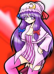 Rule 34 | 1girl, alternate costume, blue bow, blush, book, bow, crescent, crescent hat ornament, crescent pin, dress, hair bow, harapekobijin, hat, hat ornament, holding, holding book, long hair, looking at viewer, mob cap, patchouli knowledge, purple eyes, purple hair, purple thighhighs, red background, red bow, ribbon, solo, striped clothes, striped dress, thighhighs, touhou
