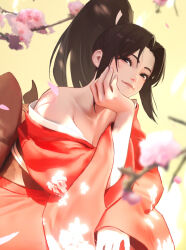 1girl absurdres bare_shoulders bow breasts brown_eyes brown_hair cherry_blossoms cleavage commentary_request curtained_hair curvy eyelashes fatal_fury flower high_ponytail highres japanese_clothes kimono large_breasts long_hair looking_at_viewer motoyui parted_bangs ponytail resting_head_on_hand shiranui_mai simple_background sitting solo street_fighter street_fighter_6 the_king_of_fighters wide_hips yellow_background