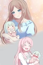 3girls :d ^_^ absurdres age_difference baby baby_carry babysitter bang_dream! bang_dream!_it&#039;s_mygo!!!!! black_eyes blue_eyes blue_shirt blush blush_stickers bodysuit brown_hair carrying carrying_baby carrying_person chihaya_anon closed_eyes closed_mouth collarbone commentary_request comparison crying crying_with_eyes_open fang flying_teardrops frilled_shirt frills green_hair grey_background grey_vest highres long_hair mortis_(bang_dream!) mortis_(persona)_(bang_dream!) motherly multiple_girls nagasaki_soyo open_mouth orange_background pacifier parted_bangs pink_bodysuit pink_hair sandman_(gm4zfijcwbz3g4y) shirt smile sweatdrop tears two-tone_background vest wakaba_mutsumi wakaba_mutsumi_(doll) white_shirt