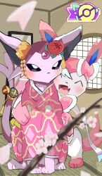 absurdres animal_focus aya_tsuji blush bow closed_eyes espeon espeon_(pokebuki) fangs flower forehead_jewel forked_tail gen_2_pokemon gen_6_pokemon highres nintendo open_mouth pokemon pokemon_unite ribbon smile sylveon tail