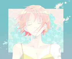 1girl absurdres arm_tattoo blue_border border camisole closed_eyes closed_mouth highres nami_(one_piece) ocean one_piece orange_hair sanam_1piece short_hair smile tattoo upper_body yellow_camisole
