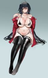 Rule 34 | 1girl, absurdres, ahoge, azur lane, bikini, black bikini, black choker, black hair, blush, boxingwanla, breasts, choker, cleavage, crossed bangs, eyewear on head, full body, highleg, highleg bikini, highres, jacket, large breasts, long hair, looking at viewer, made in 2024, multi-strapped bikini bottom, multi-strapped bikini top, official alternate costume, race queen, red eyes, red jacket, sitting, solo, sunglasses, swimsuit, taihou (azur lane), taihou (enraptured companion) (azur lane), thigh strap, very long hair