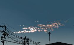 alarm_siren blue_sky cloud cloudy_sky from_below gradient_sky highres hisachan55cute no_humans original pixel_art power_lines scenery silhouette simple_background sky sunrise