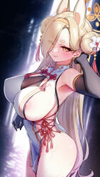1girl absurdres alternate_costume alternate_hairstyle animal_ears areola_slip arm_up armpits ass bare_shoulders black_gloves blonde_hair blue_archive blush breasts china_dress chinese_clothes cleavage closed_mouth covered_erect_nipples covered_navel cowboy_shot double_bun dress elbow_gloves extra_ears eyeshadow fox_ears gloves hair_bun hair_ornament hair_over_one_eye hairband halo highres kaho_(blue_archive) large_breasts long_hair looking_at_viewer makeup mole mole_under_mouth ogre_(illustogre) orange_hairband orange_halo parted_lips pink_eyeshadow short_eyebrows side-tie_dress sideboob sleeveless smile solo sweat thick_eyebrows thighs